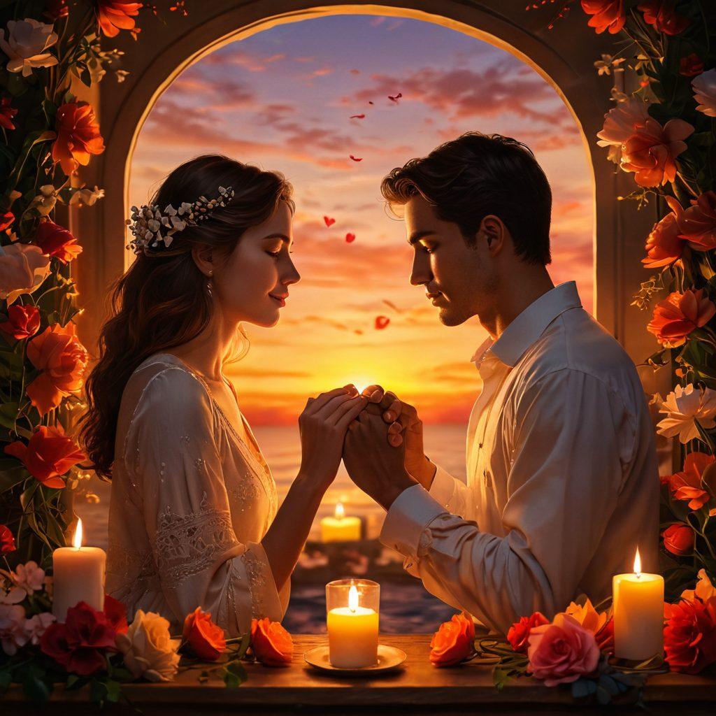 A romantic scene depicting a couple in an intimate setting, surrounded by soft candlelight and blooming flowers, symbolizing the journey from casual flirting to deep love. The background should feature a sunset with warm hues, capturing the essence of lasting connections. Incorporate subtle heart shapes and intertwined hands to reflect unity. The overall atmosphere should feel dreamy and magical. super-realistic. vibrant colors.