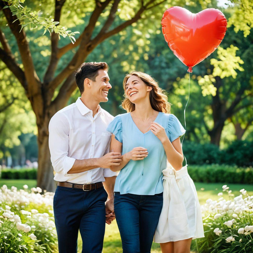 A warm and inviting scene of a couple laughing together in a sunlit park, surrounded by blooming flowers that symbolize love and growth. The couple, one holding a heart-shaped balloon, gazes into each other's eyes with joy, while soft, glowing hearts float around them. The background features gentle greenery and a bright blue sky, creating an atmosphere of romance and connection. super-realistic. vibrant colors. soft focus.