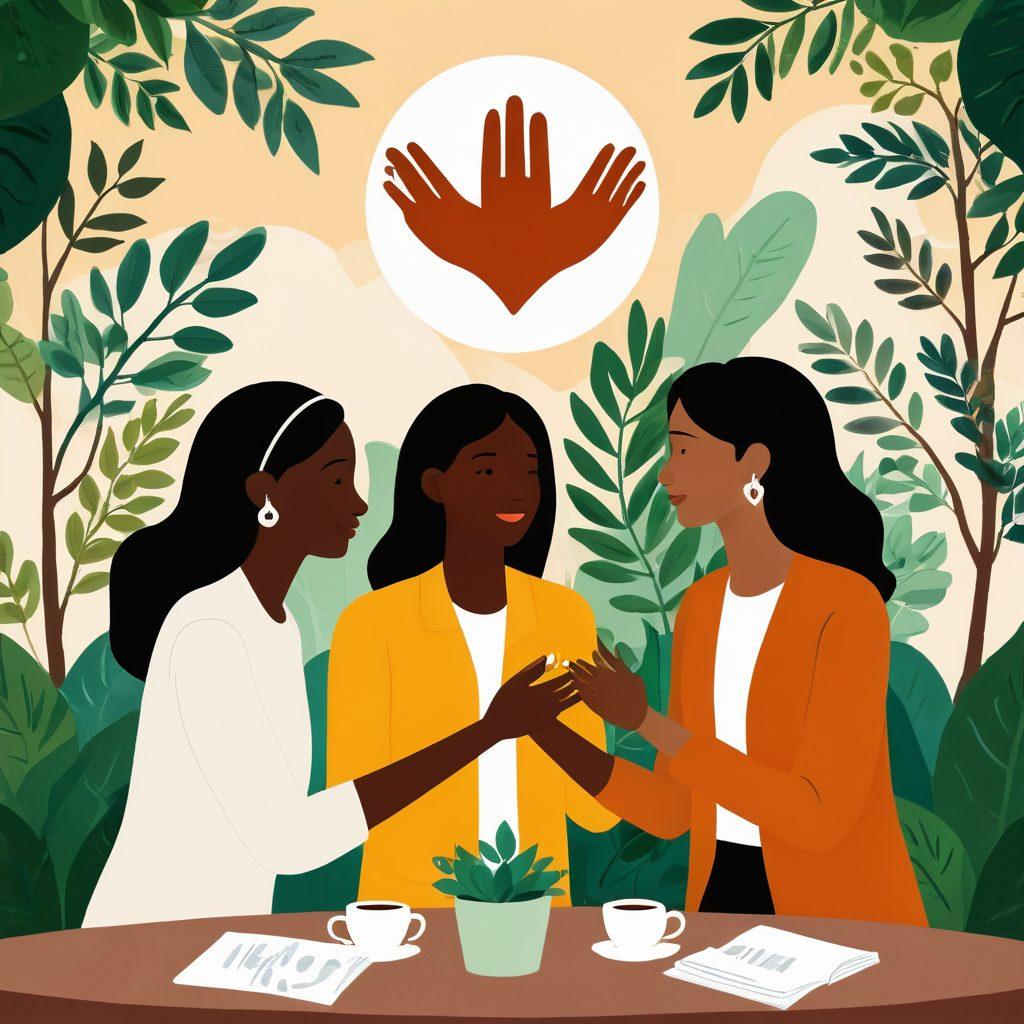 An illustration of two diverse individuals sharing a heartfelt conversation, surrounded by visual symbols of trust like open hands and heart icons. A warm and inviting environment, showcased through soft lighting and greenery in the background, emphasizing connection. Include elements such as a cozy coffee shop atmosphere and subtle gestures of empathy. soft focus. vibrant colors. painting.